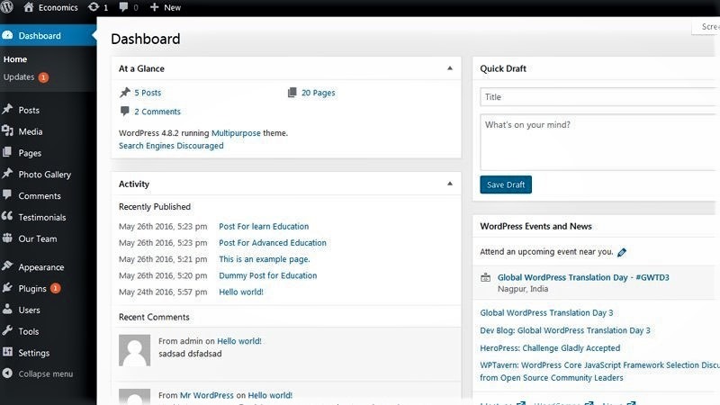 WordPress dashboard